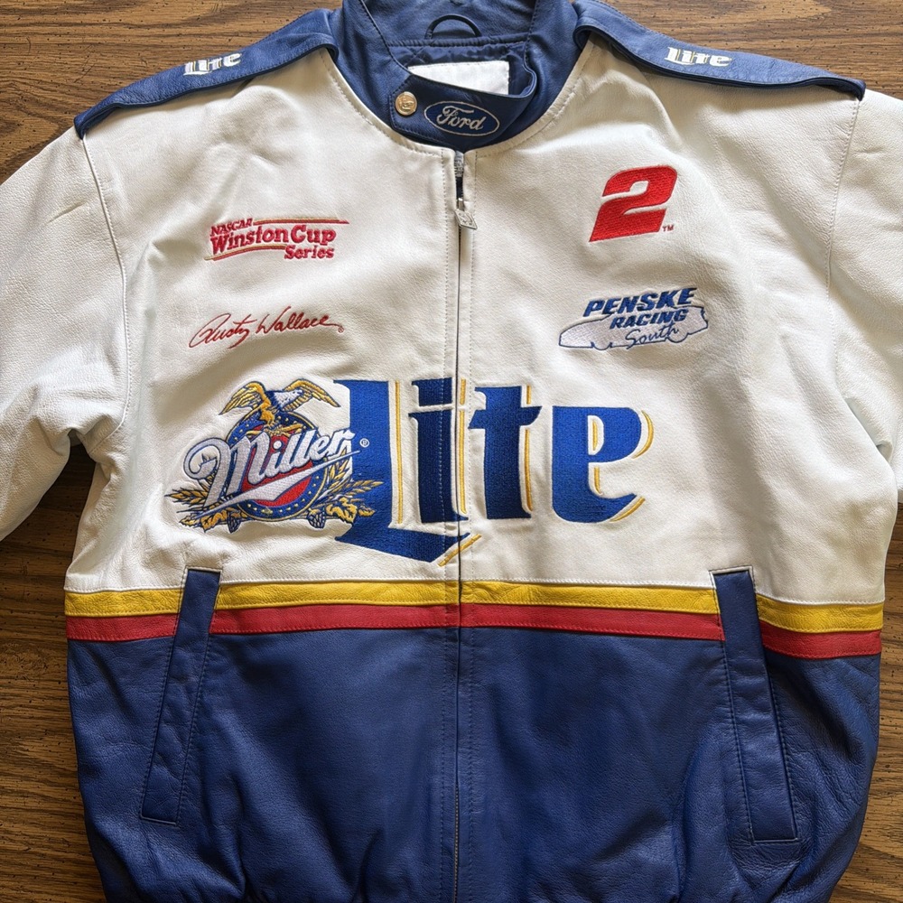 Vintage NASCAR Rusty Wallace #2 Miller Lite Leather Racing Jacket Mens L (D)